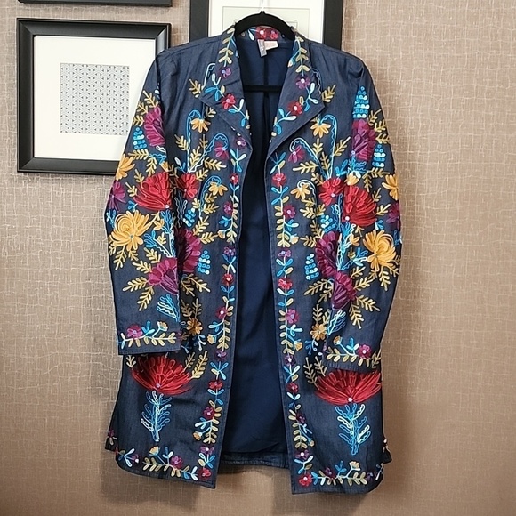 Anu Jackets & Blazers - Anu Embroidered Denim Open Front Light Jacket